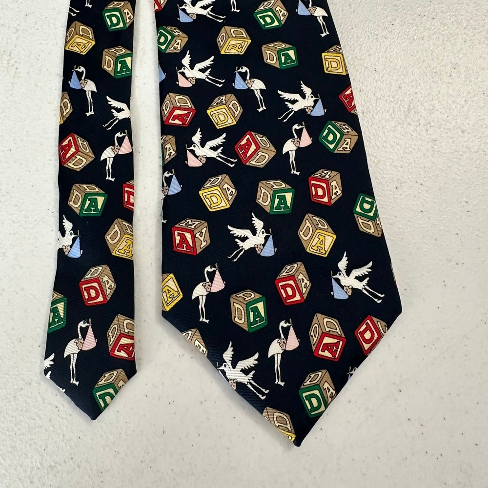 Alynn Neckwear Mens Navy Silk New Father Stork Baby Blocks Novelty Tie USA Made